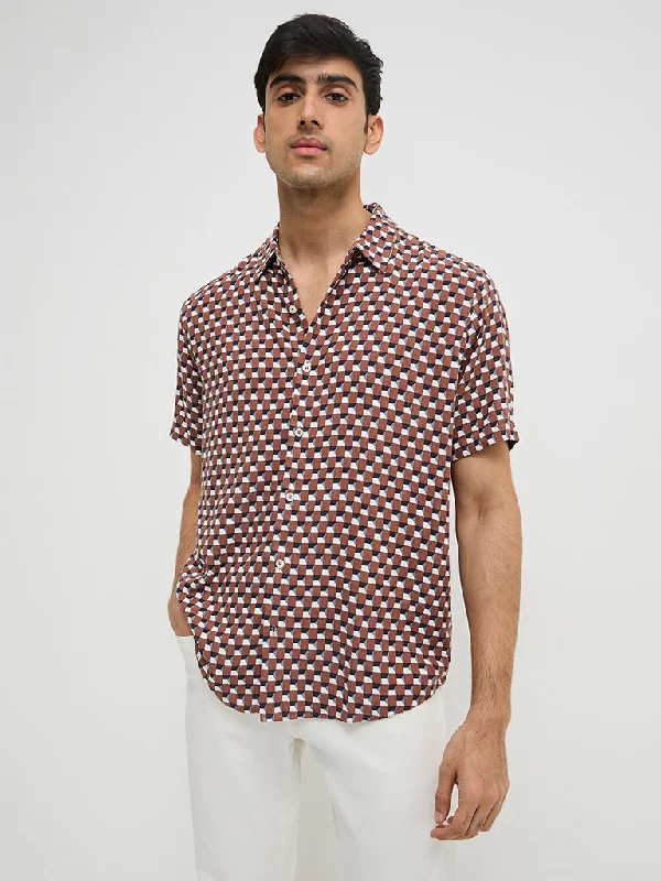 Ascot Brown Geometric Relaxed-Fit Blended Linen Shirt