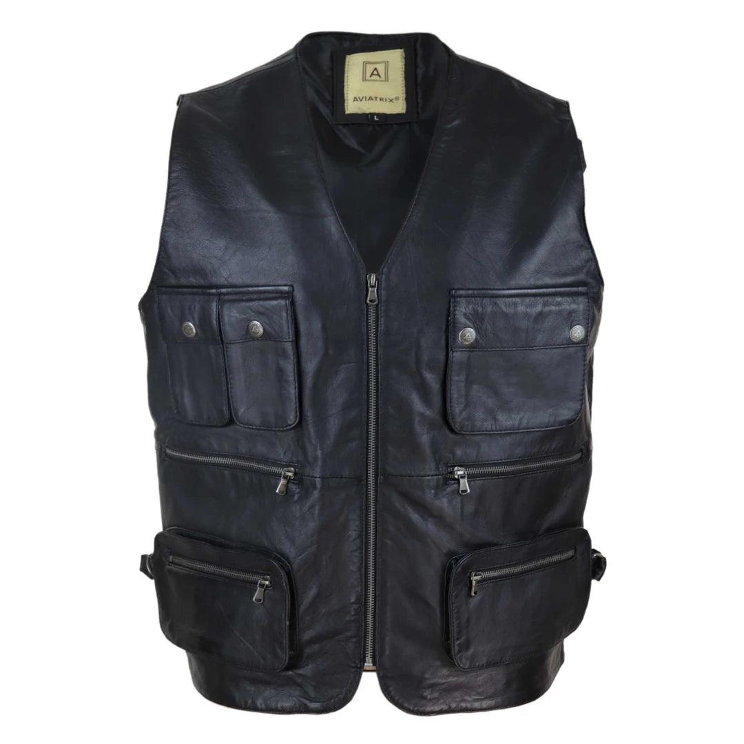 Mens Black Real Leather Fisherman Waistcoat Multi Pocket Combat Fishing Hunting