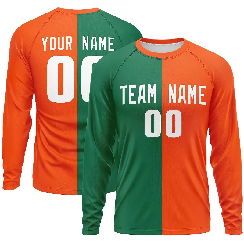 Custom Kelly Green Orange Crew Neck Split Design Long Sleeve Performance T-Shirt