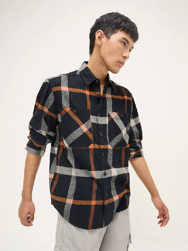 Nuon Black Checkered Relaxed-Fit Cotton Shirt