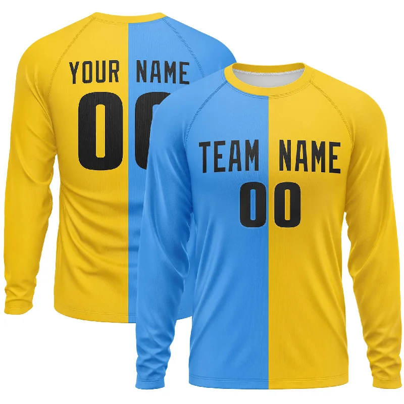 Custom Powder Blue Gold Crew Neck Split Design Long Sleeve Performance T-Shirt