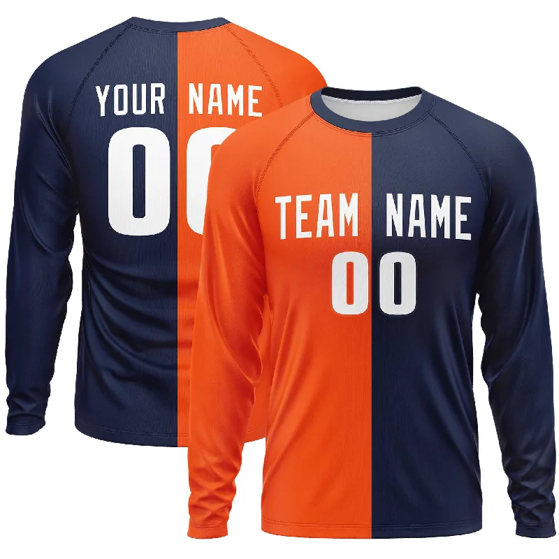 Custom Orange Navy Crew Neck Split Design Long Sleeve Performance T-Shirt