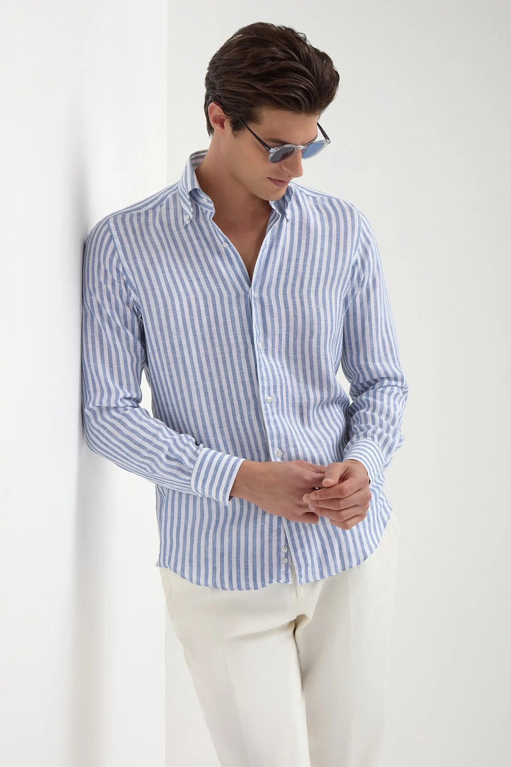 Blue striped linen button down shirt - Made in Italy