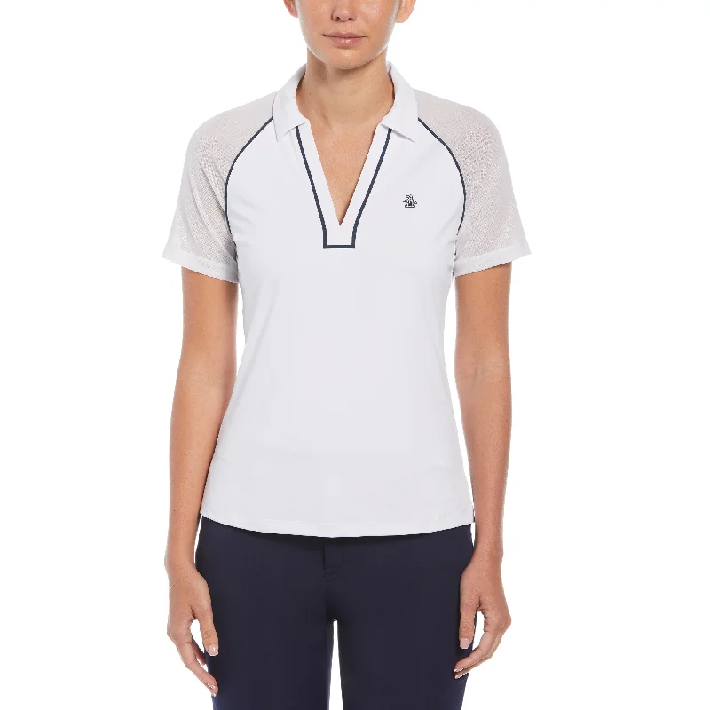 V-Neck Mesh Block Short Sleeve Golf Polo Shirt with Contrast Piping