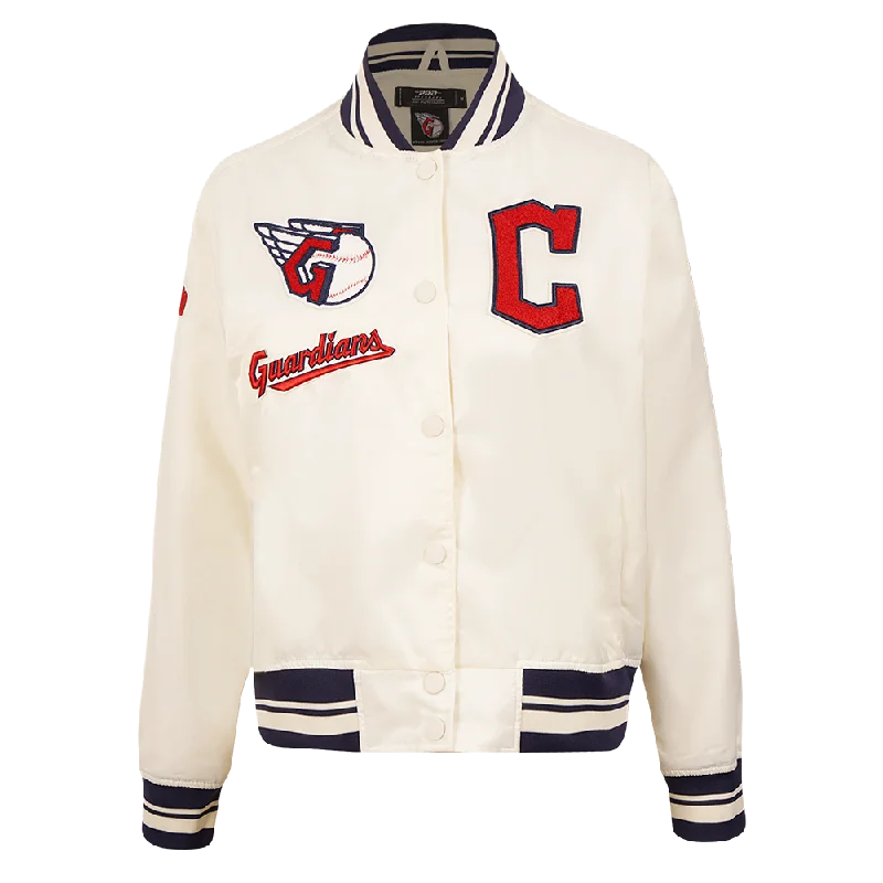 MLB CLEVELAND GUARDIANS RETRO CLASSIC WOMEN'S RIB SATIN JACKET (EGGSHELL/ MIDNIGHT NAVY)