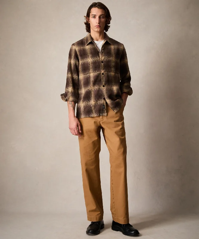 Relaxed Plaid Flannel Overshirt in Brown