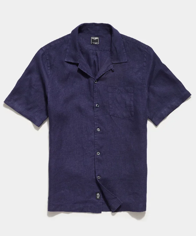 Sea Soft Irish Linen Camp Collar Shirt in Navy