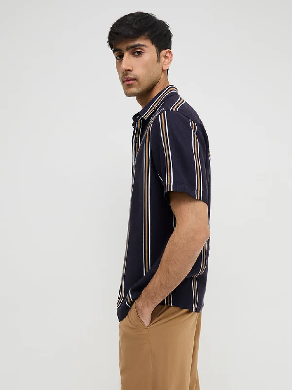 Ascot Navy Stripe Printed Relaxed-Fit Blended Linen Shirt