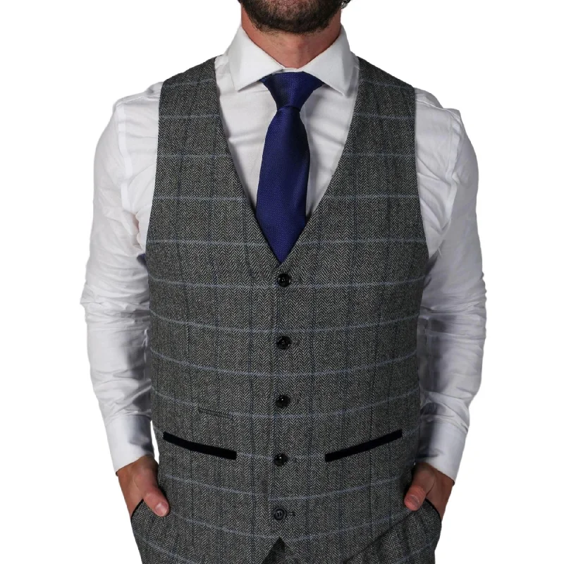 Men's Grey Waistcoat Tweed Herringbone Wool Blend Vest