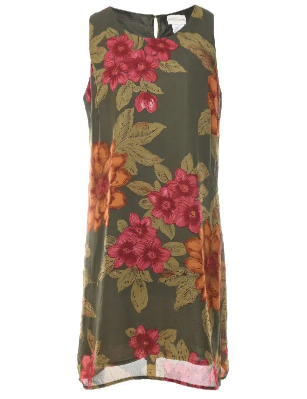 Olive Green Floral Print Dress - L