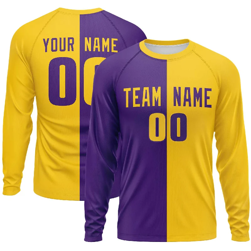 Custom Purple Gold Crew Neck Split Design Long Sleeve Performance T-Shirt