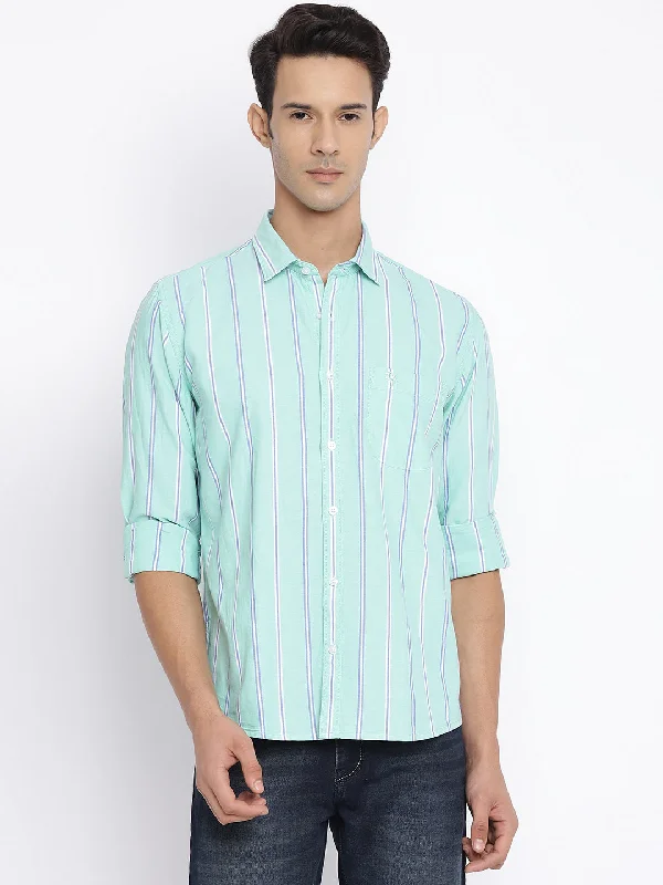 Men's Light Green Casual Broad Stripe Full Sleeve Shirt