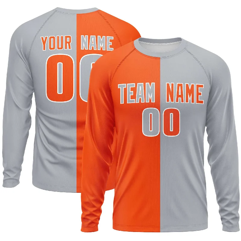 Custom Orange Gray Crew Neck Split Design Long Sleeve Performance T-Shirt