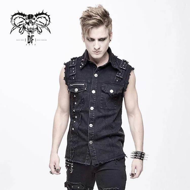 Men's Punk Rivets Ripped Denim Waistcoat