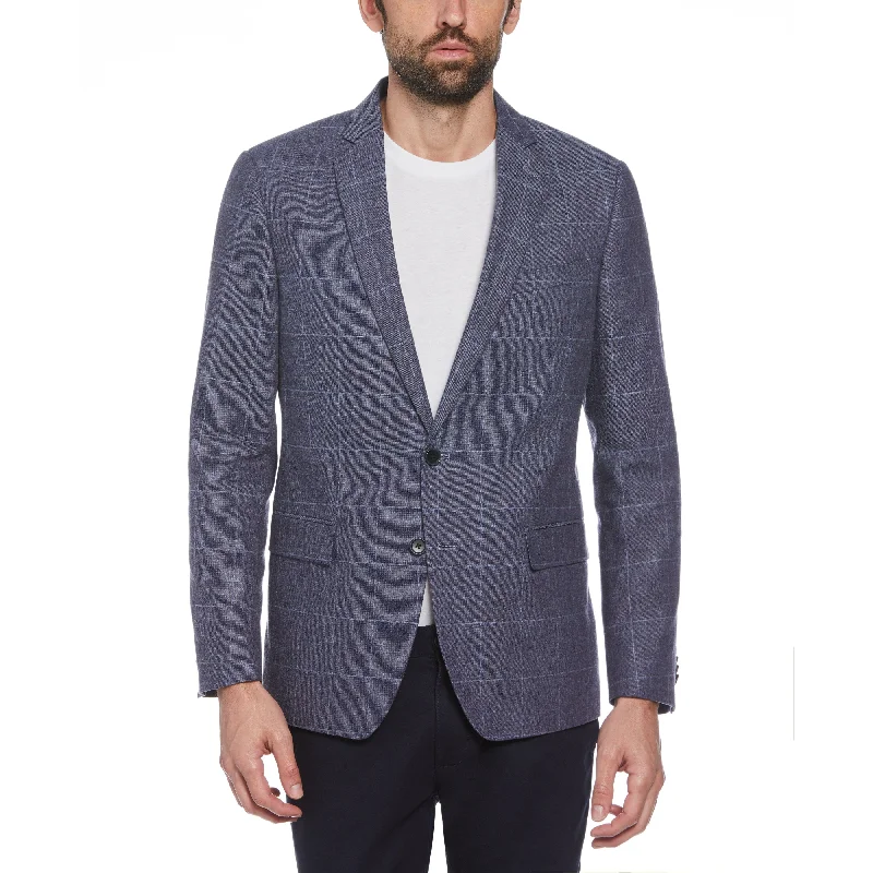 Navy Windowpane Plaid Linen Blend Blazer