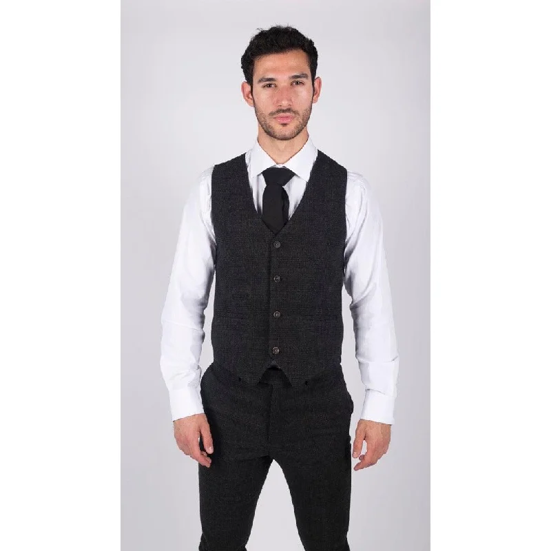 Mens Classic Waistcoat Prince Of Wales Check Black Slim Fit Vintage Wedding