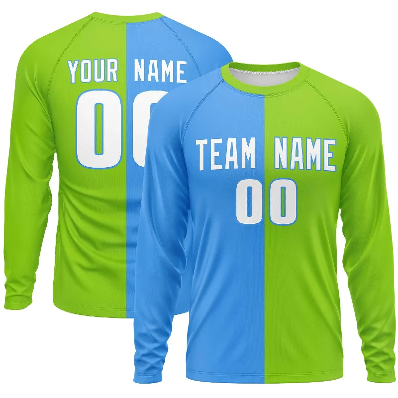 Custom Powder Blue Neon Green Crew Neck Split Design Long Sleeve Performance T-Shirt