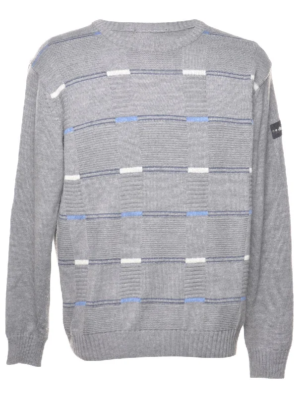 Patterned Grey & Light Blue Knit Jumper - L