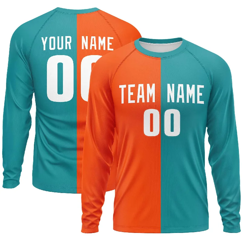 Custom Orange Aqua Crew Neck Split Design Long Sleeve Performance T-Shirt