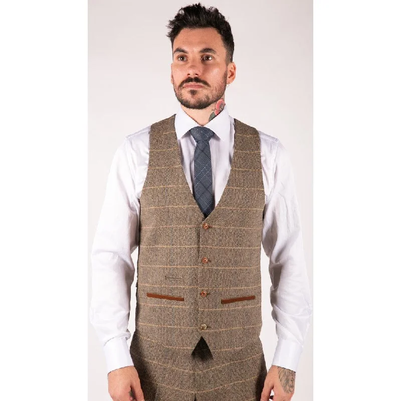 Mens Vintage Tweed Check Waistcoat Herringbone Tan Brown Grey Slim Fit Velvet Trim