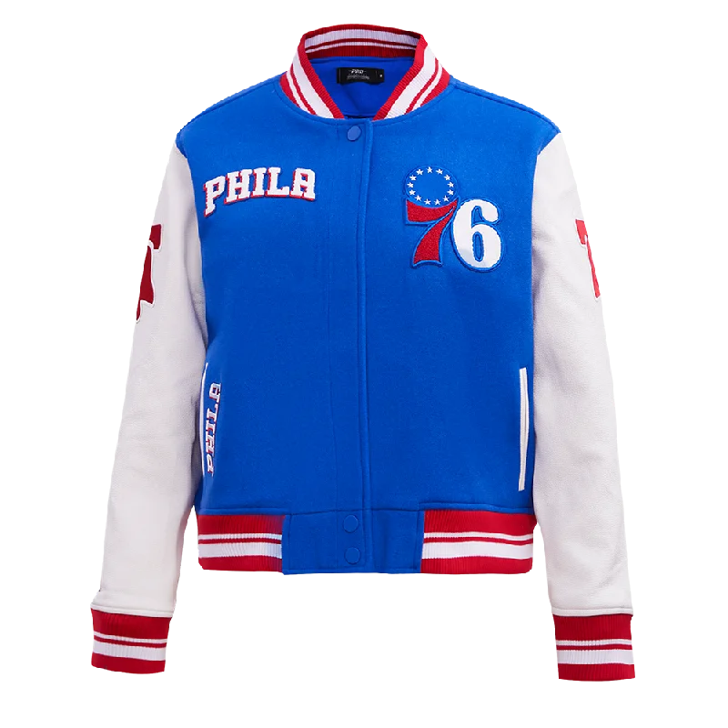 NBA PHILADELPHIA 76ERS RETRO CLASSIC WOMEN'S RIB WOOL VARSITY JACKET (ROYAL BLUE/RED)