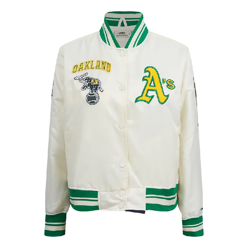 MLB OAKLAND ATHLETICS RETRO CLASSIC WOMEN'S RIB SATIN JACKET (EGGSHELL/ KELLY GREEN)