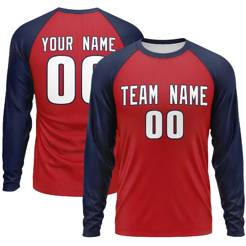 Custom Red Navy Crew Neck Raglan Long Sleeve Performance T-Shirt