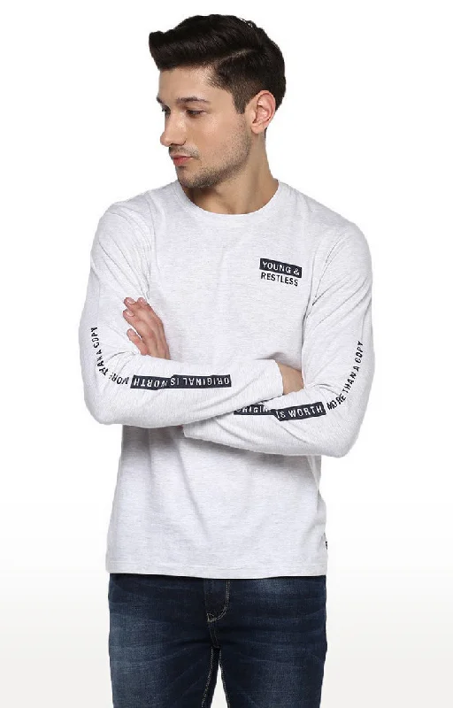 Spykar Off White Melange Slim Fit Men T-Shirts