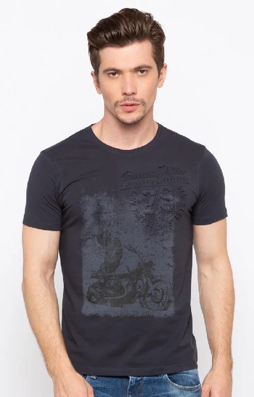 Spykar Charcoal Black Printed Men T-Shirts