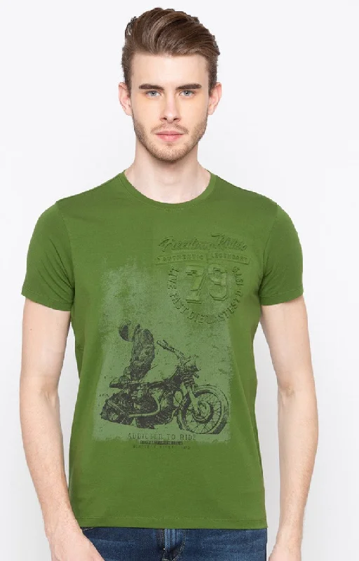 Spykar Green Printed Slim Fit Men T-Shirts