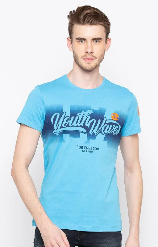 Spykar Sky Blue Printed Slim Fit Men T-Shirts