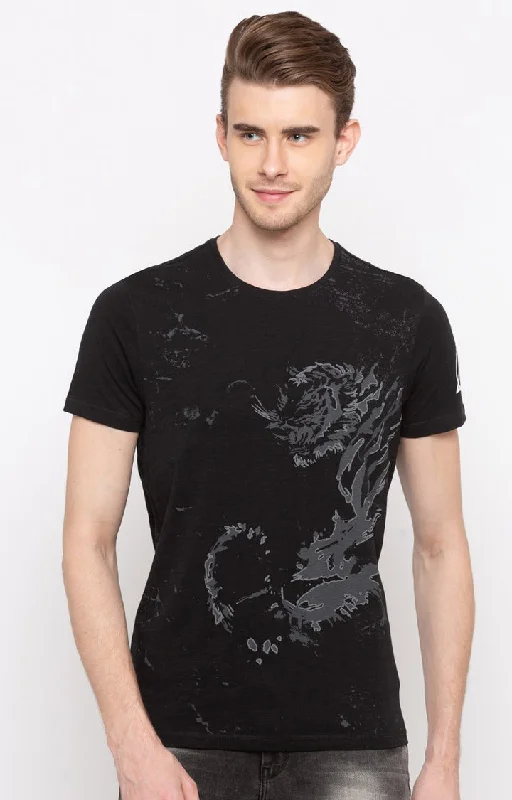 Spykar Black Printed Slim Fit Men T-Shirts