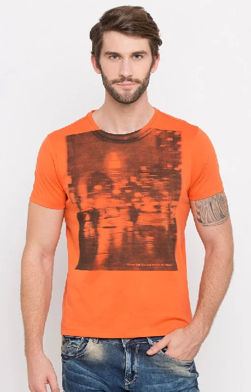 Spykar Orange Printed Slim Fit Men T-Shirts