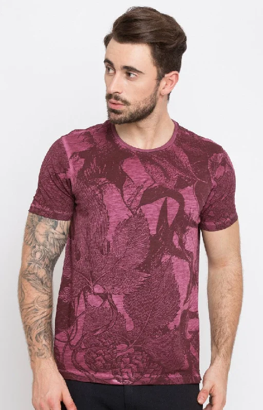 Spykar Wine Printed Slim Fit Men T-Shirts