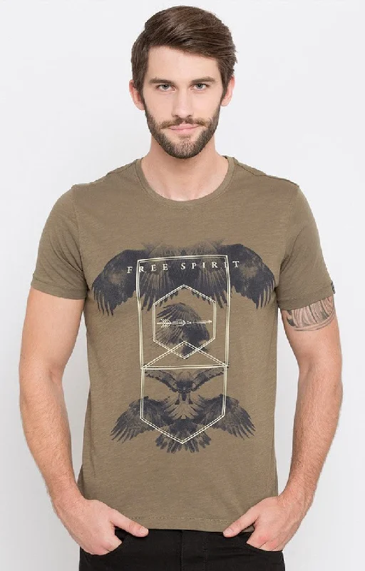 Spykar Green Printed Slim Fit Men T-Shirts