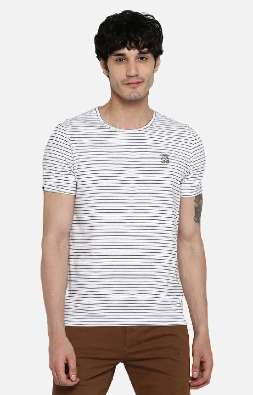 Spykar White and Black Striped Slim Fit Men T-Shirts