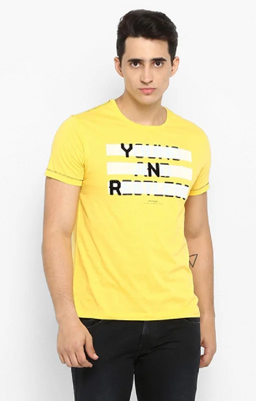 Spykar Yellow Printed Cotton Men T-Shirts