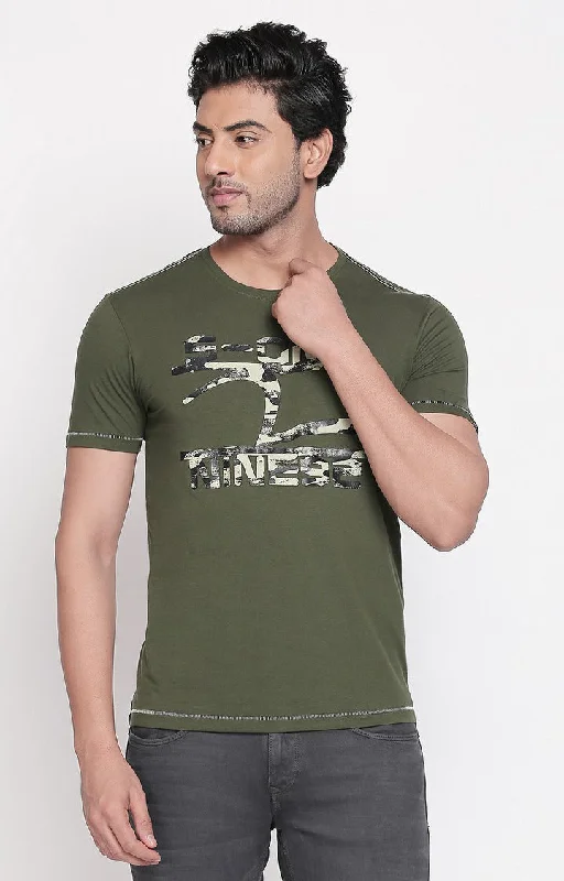 Spykar Olive Printed Slim Fit Men T-Shirts