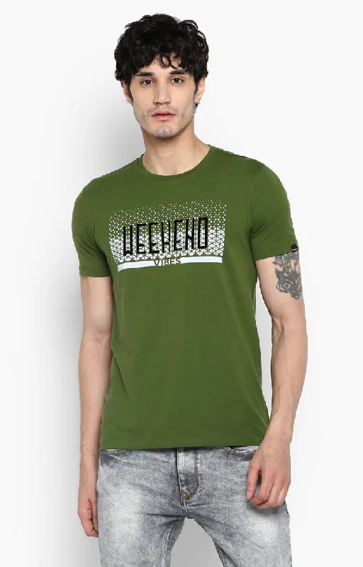 Spykar Forest Green Printed Slim Fit Men T-Shirts