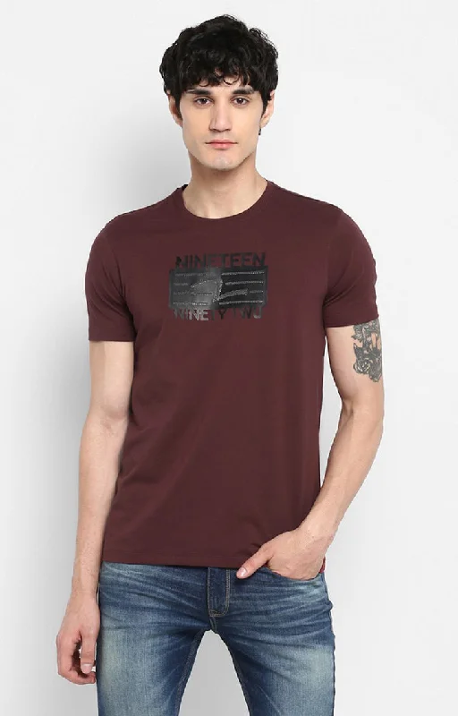 Spykar Wine Printed Slim Fit Men T-Shirts