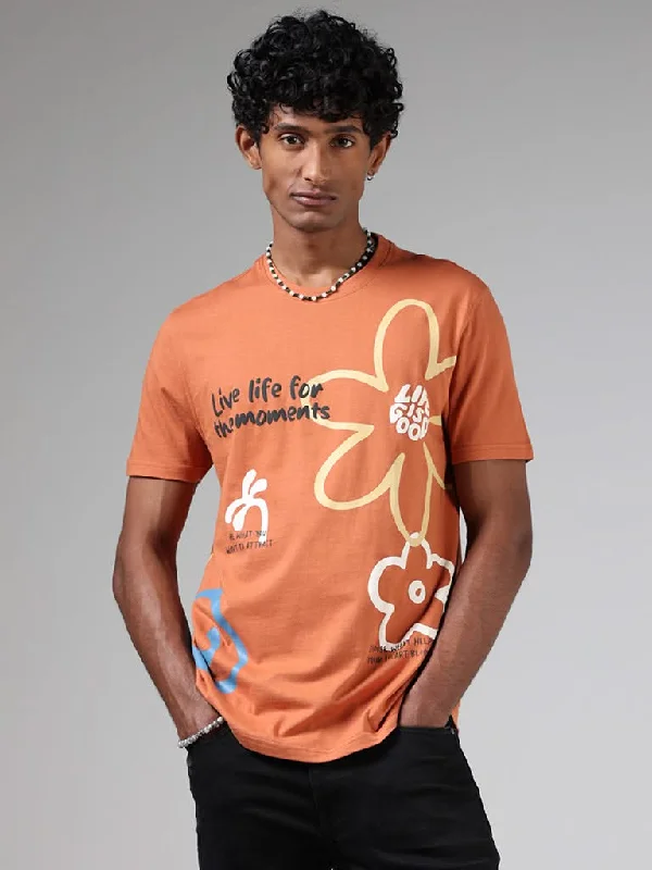 Nuon Burnt Orange Printed Cotton Slim-Fit T-Shirt