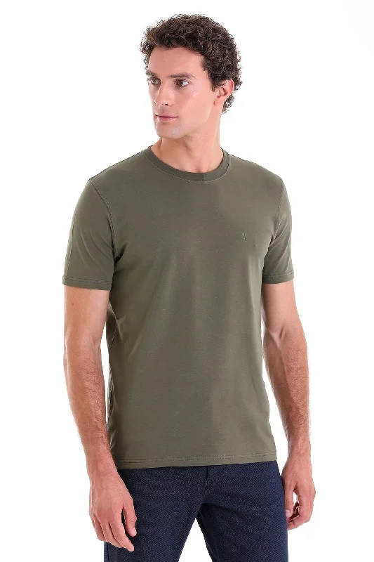 Regular Fit Cotton Blend Khaki Crewneck T-Shirt