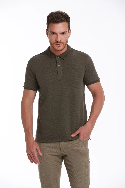 Regular Fit Honeycomb Cotton Blend Khaki Polo T-Shirt